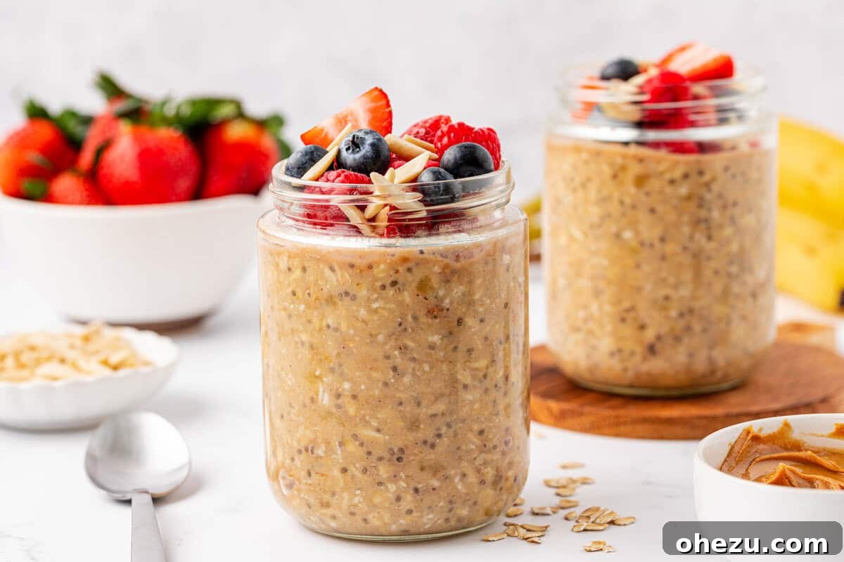 protein overnight oats topped with berries and almonds