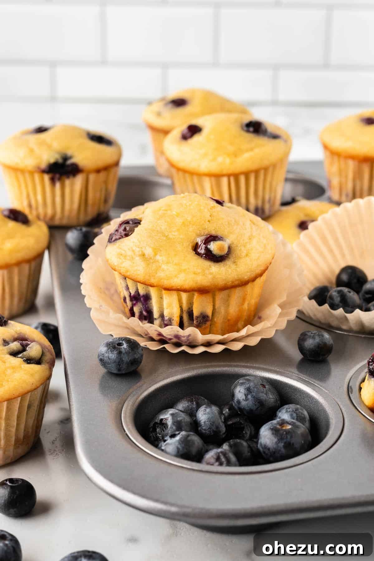 Moist Greek Yogurt Blueberry Muffins 15 Close-up of freshly baked Greek yogurt blueberry muffins still in the baking pan, showing their perfectly golden and puffed tops.