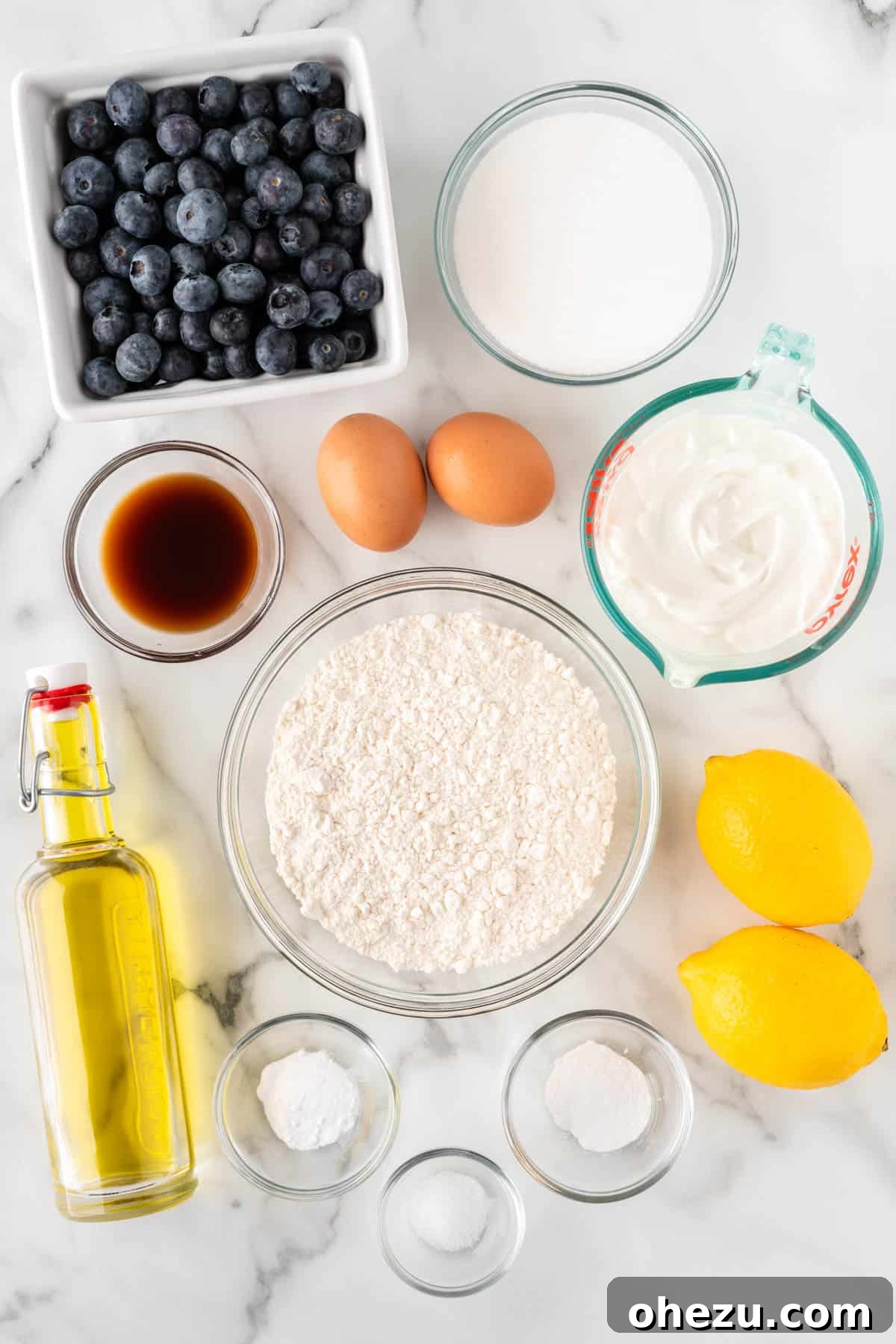 Moist Greek Yogurt Blueberry Muffins 4 A collection of fresh ingredients needed to make homemade Greek yogurt blueberry muffins, including plain Greek yogurt, fresh blueberries, lemon, eggs, flour, and olive oil.