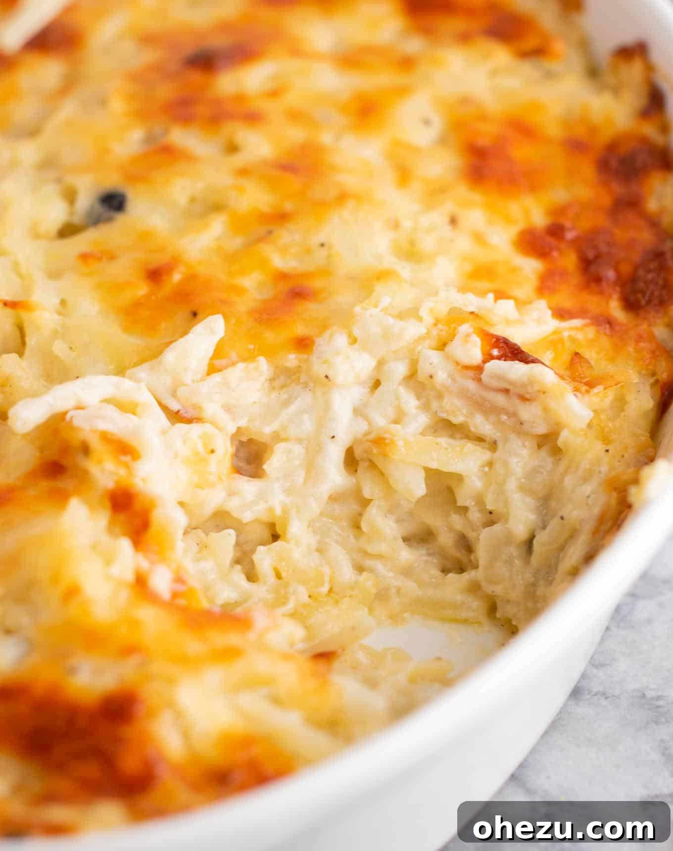 Vegetarian Hash Brown Casserole baking in the oven, showing the beautiful golden-brown top and bubbling cheese