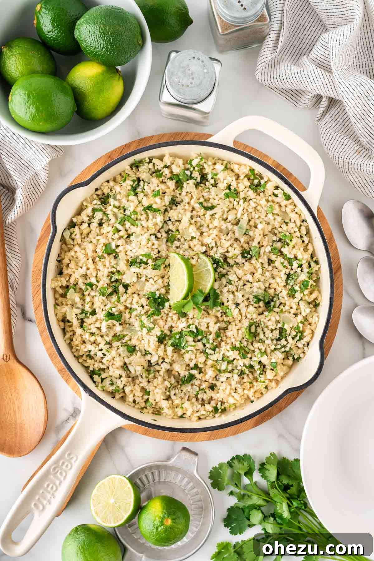 cilantro lime cauliflower rice in a skillet