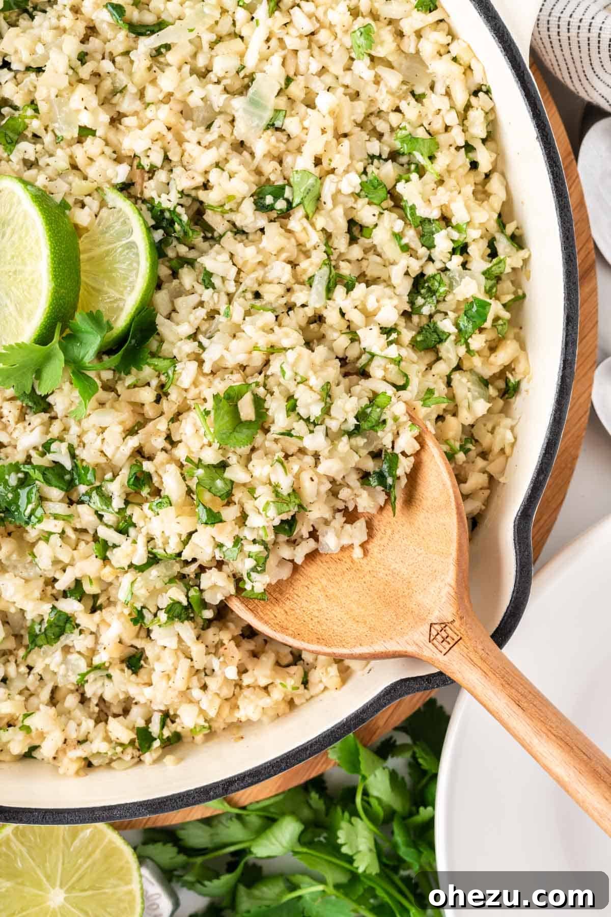 cilantro lime cauliflower rice in a skillet