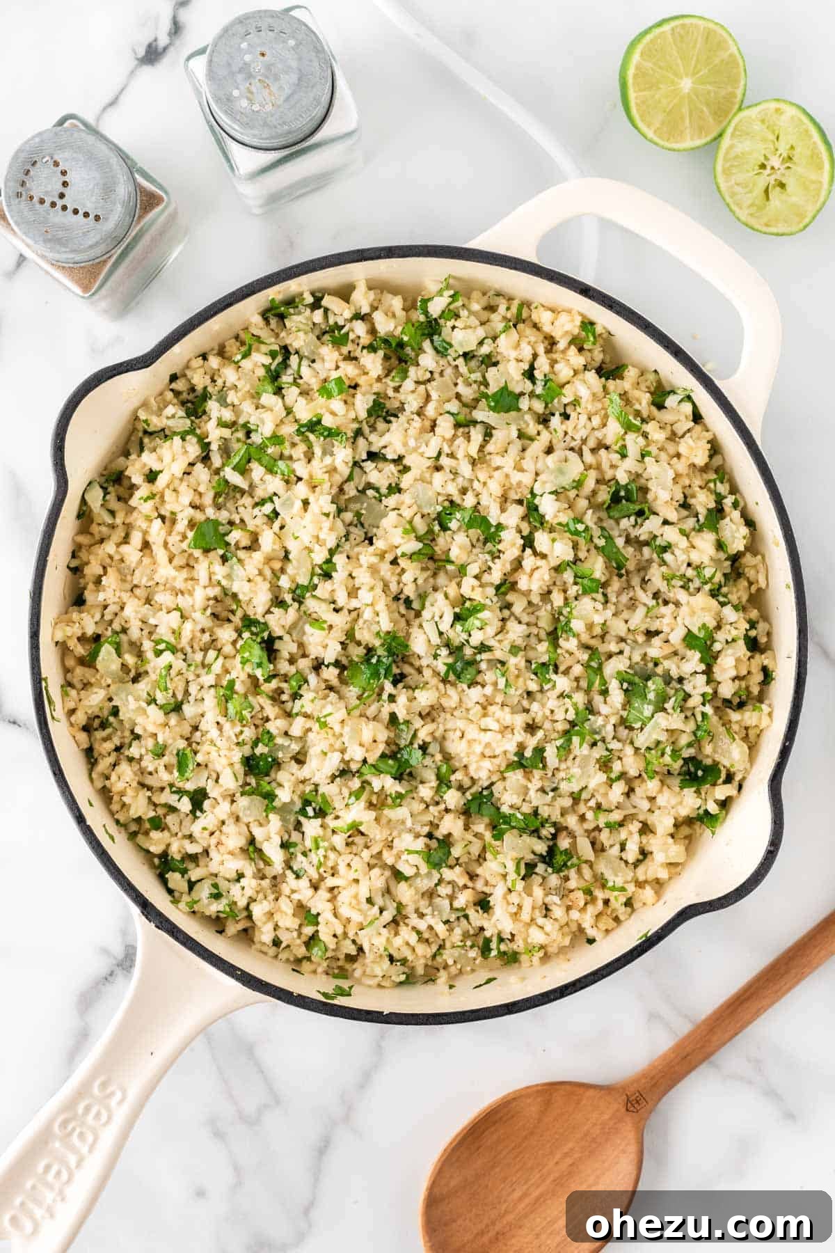 cilantro lime cauliflower rice in a skillet
