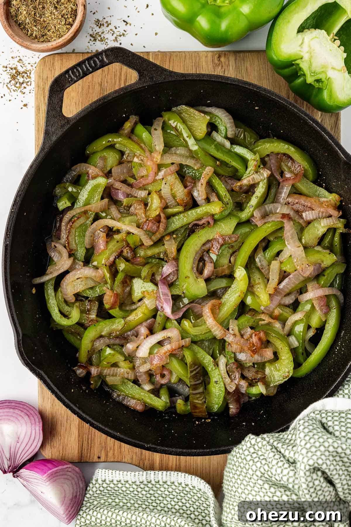 Zesty Fajita Medley 2 Sizzling Chipotle-style fajita veggies in a cast-iron skillet