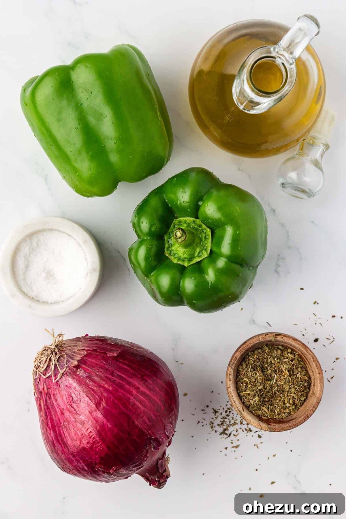 Zesty Fajita Medley 4 Key ingredients for homemade Chipotle fajita veggies: green bell peppers, red onion, olive oil, salt, and dried oregano
