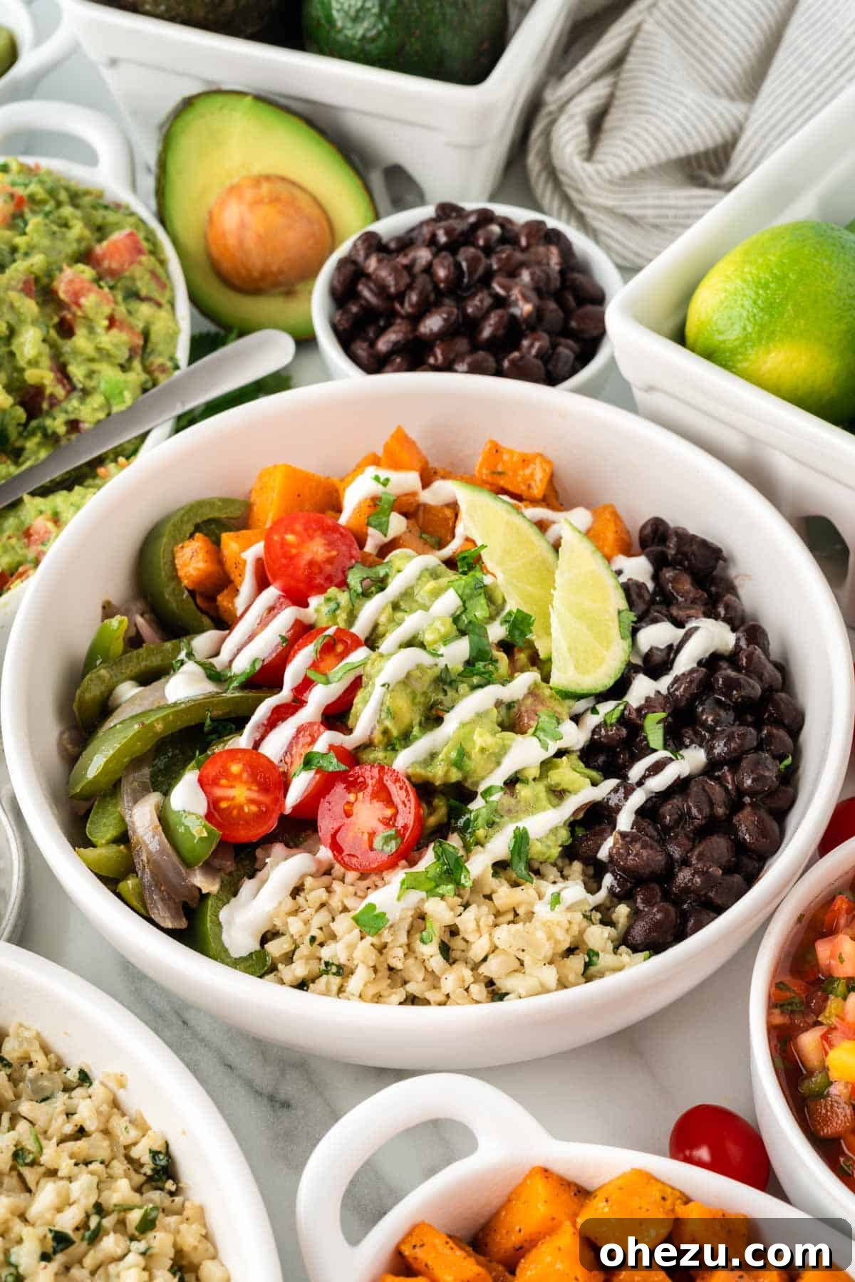 A final close-up of the complete cauliflower rice burrito bowl, ready to be enjoyed.