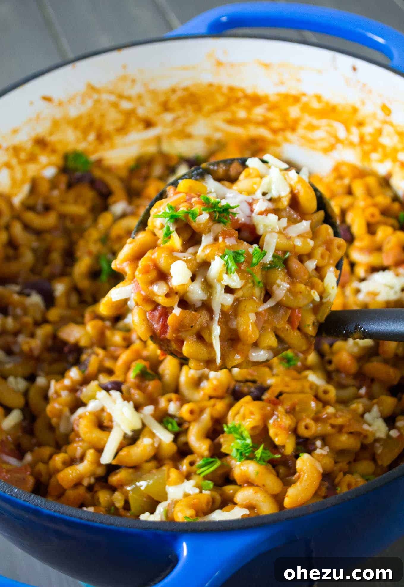 Comforting Vegetarian Chili Mac Skillet 7 Bowl of One Pot Vegetarian Chili Mac garnished with fresh parsley