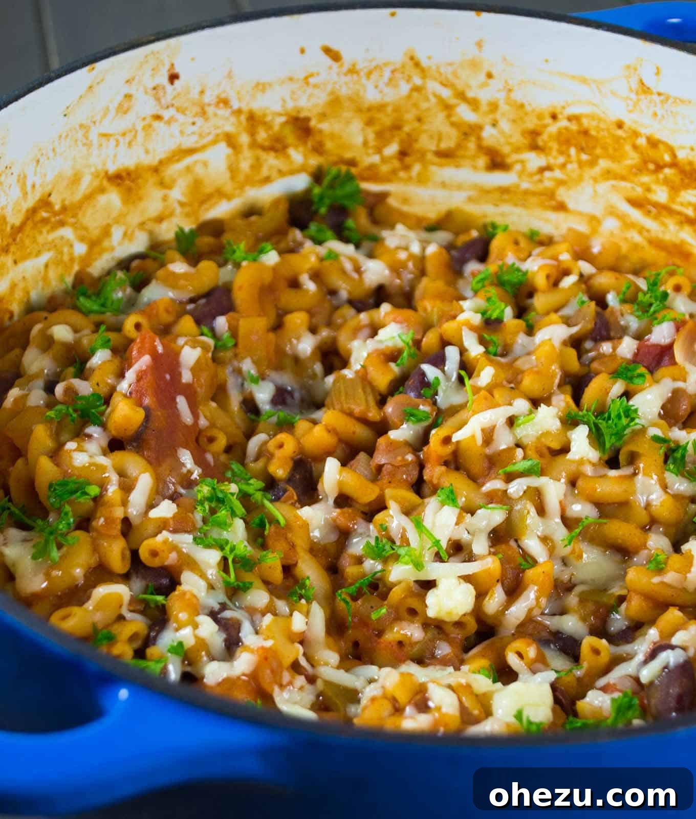 Comforting Vegetarian Chili Mac Skillet 8 Side view of One Pot Vegetarian Chili Mac in a large serving bowl