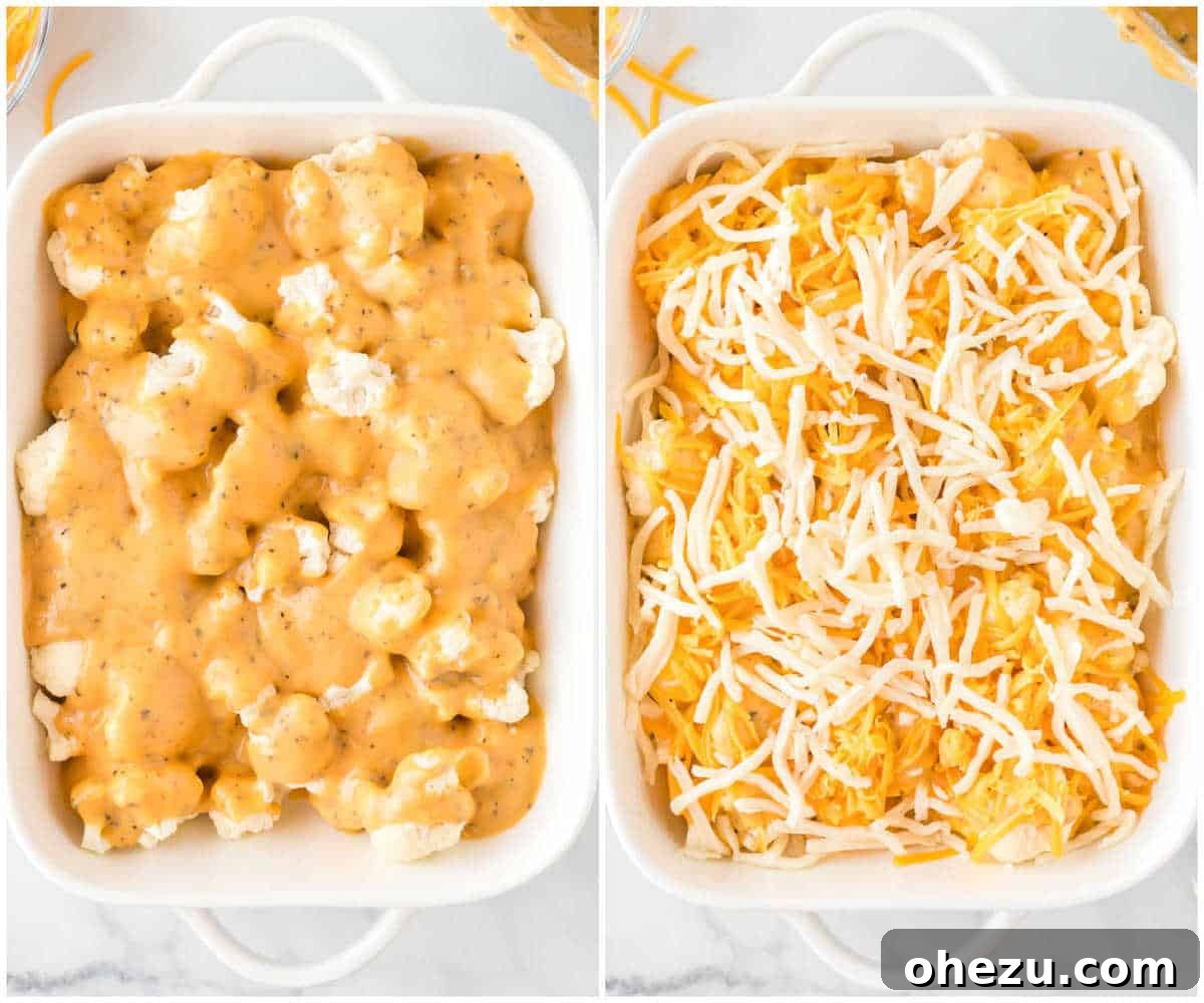 A collage showing two stages: first, the creamy cheese sauce being poured over roasted cauliflower, and second, shredded cheddar and mozzarella cheeses sprinkled on top.