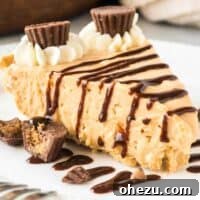 no bake peanut butter pie slice drizzled with chocolate sauce