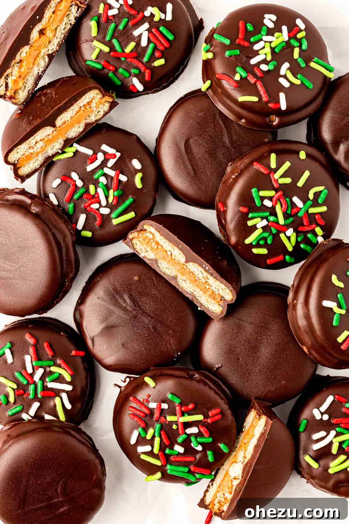 Delicious Ritz Cracker Cookies dipped in chocolate with sprinkles