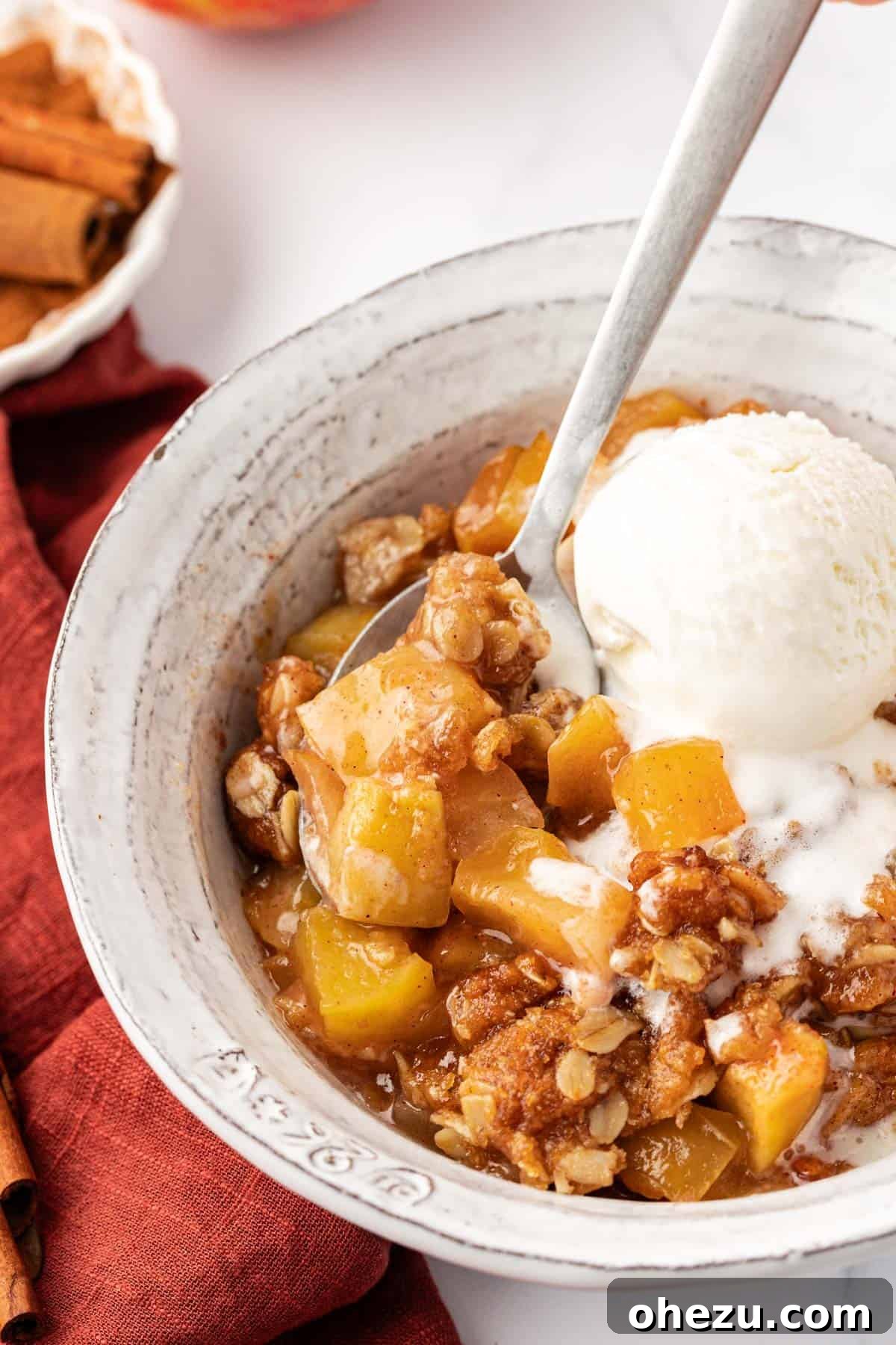 A close-up shot of the vegan apple crisp in a white dish, topped with melted vegan vanilla ice cream, ready to eat.