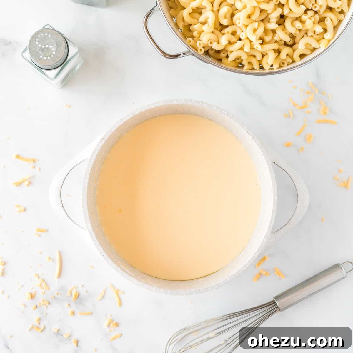 Tangy Greek Yogurt Mac and Cheese 6 cheese sauce next to the macaroni noodles