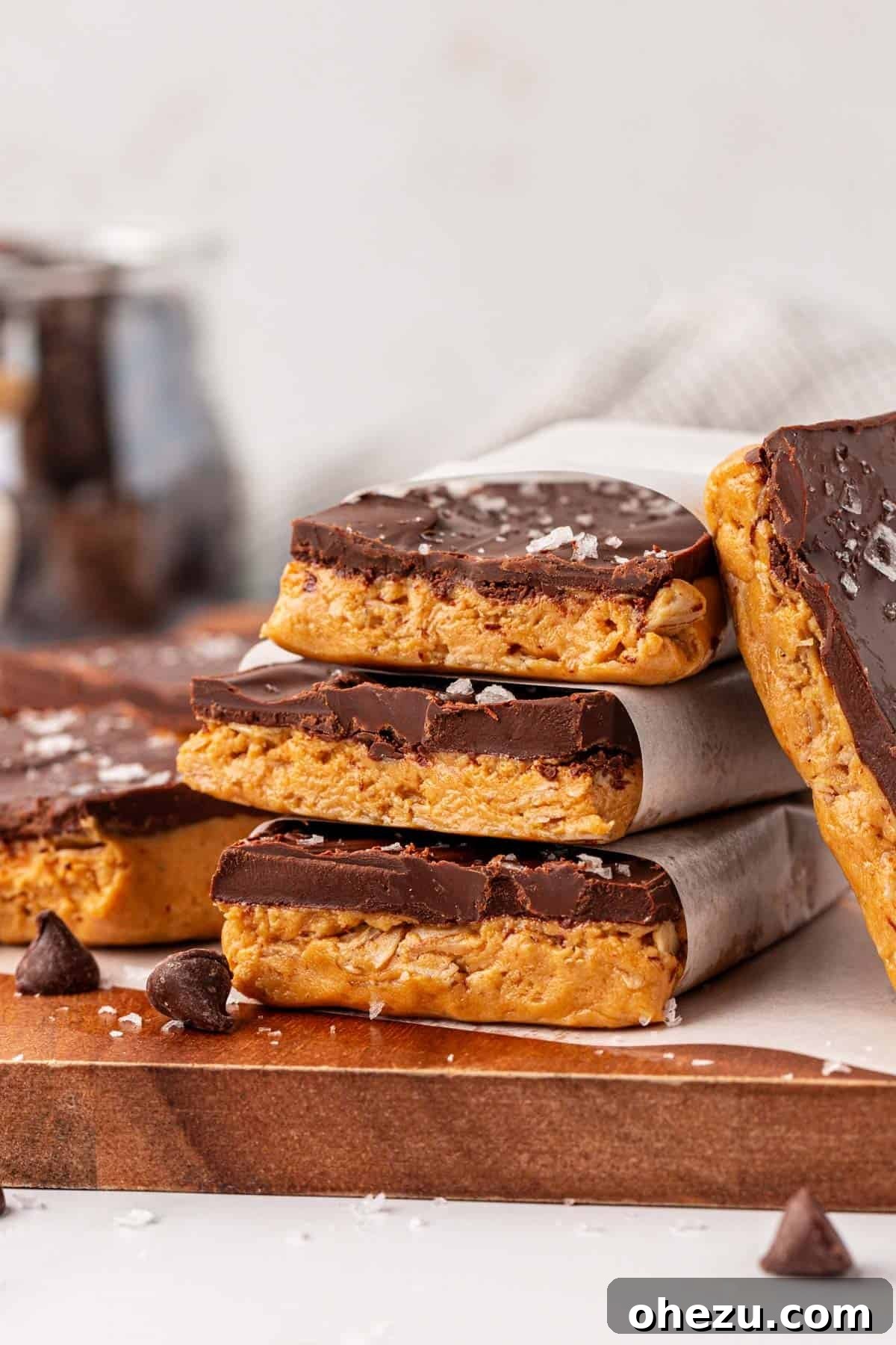 Delicious no bake protein bars with a chocolate topping and sea salt