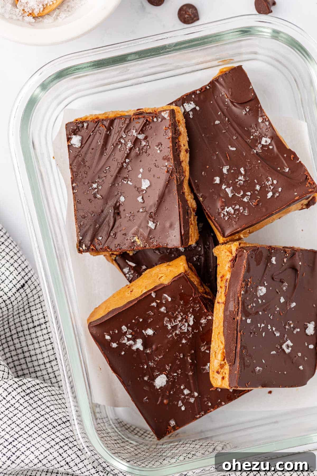 Freshly cut no bake protein bars arranged neatly, showing their layered texture