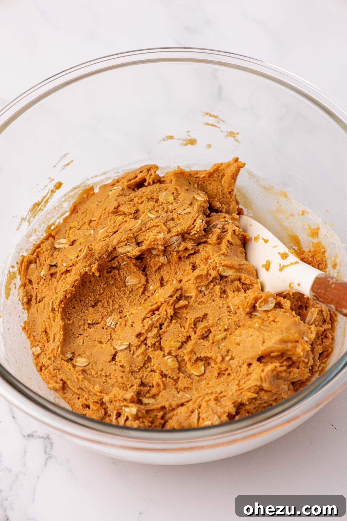 The protein bar filling fully mixed and ready to be pressed into a pan