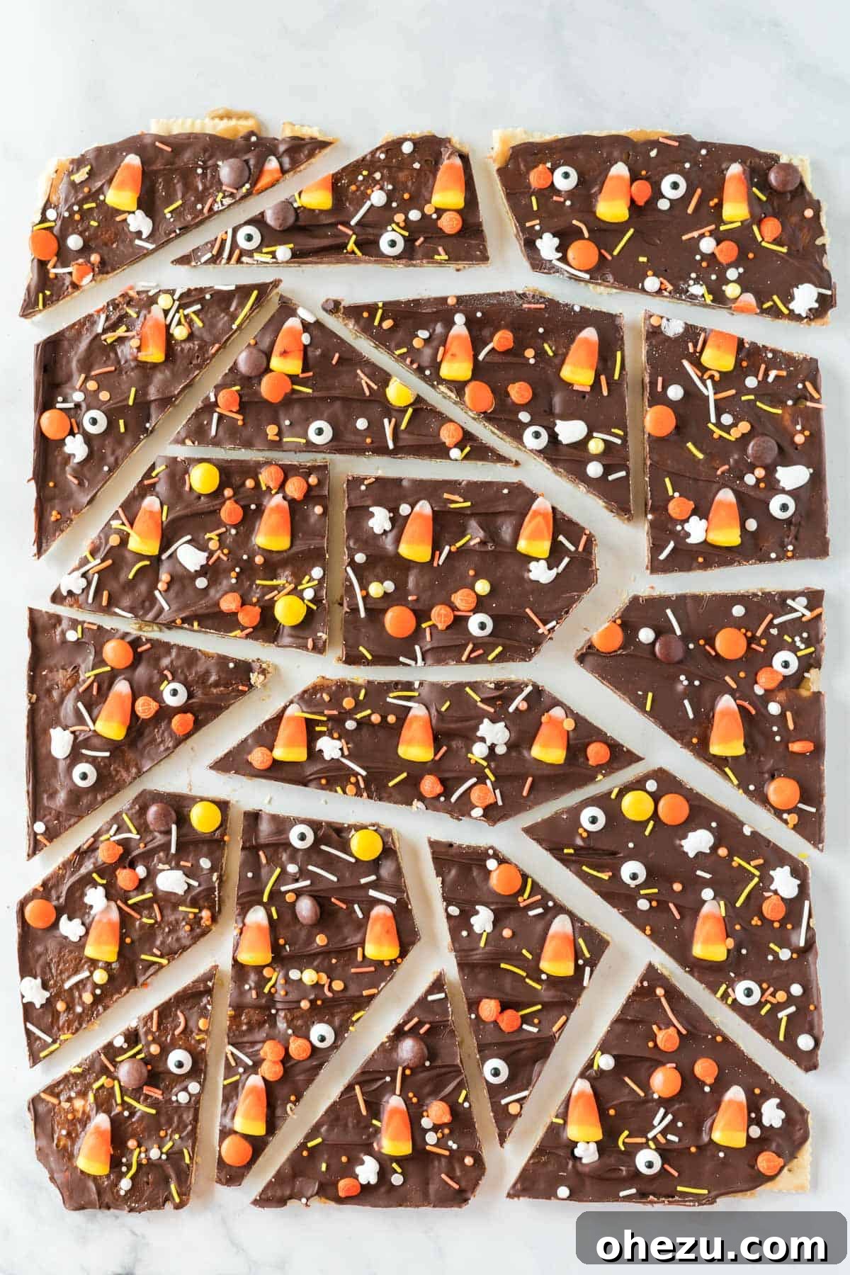 Broken pieces of Halloween crack candy, showing the crisp layers of cracker, toffee, and chocolate with festive toppings, ready for enjoyment.