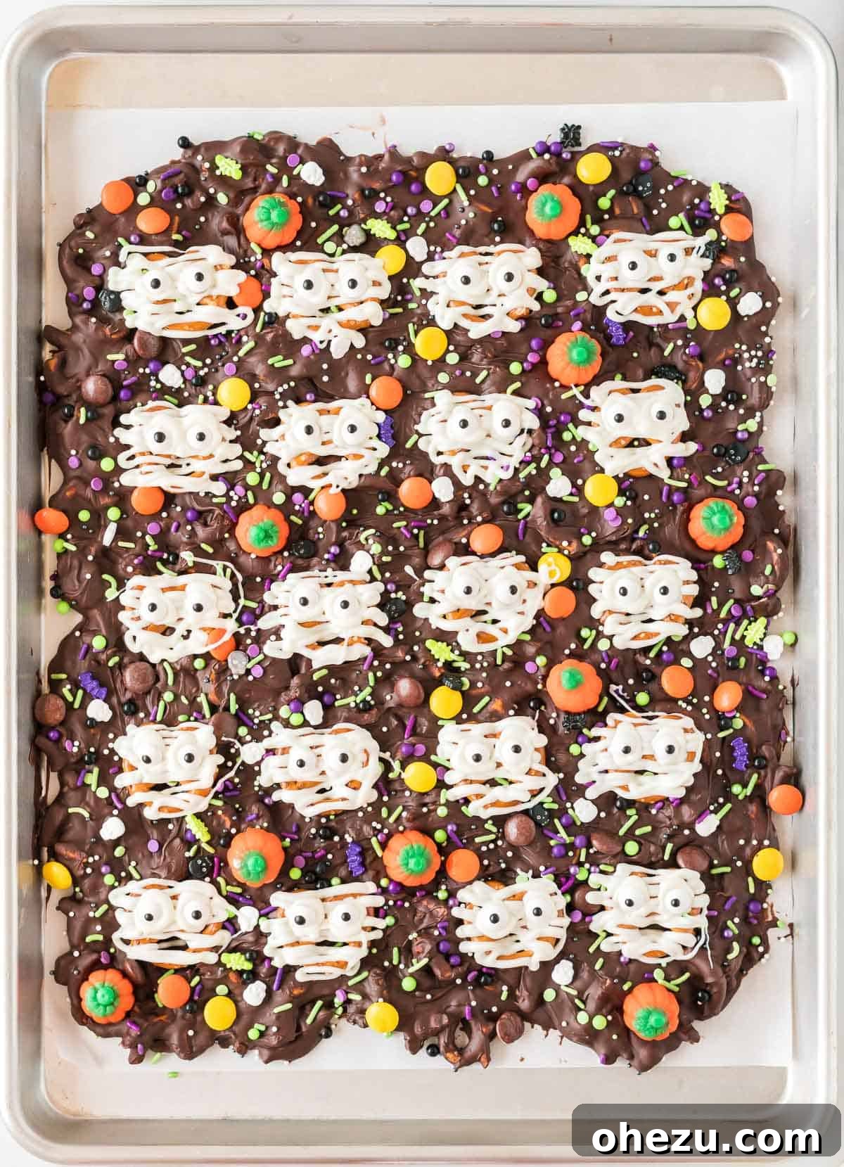 Close-up of Halloween bark pieces on a dark background