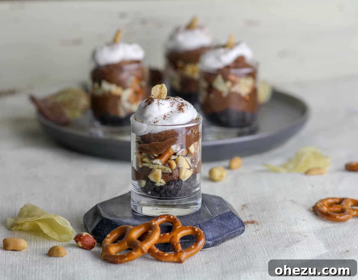 Sweet & Salty Chocolate French Silk Pie Shooters 3 Close-up of layers in Sweet & Salty Chocolate French Silk Pie Dessert Shooter