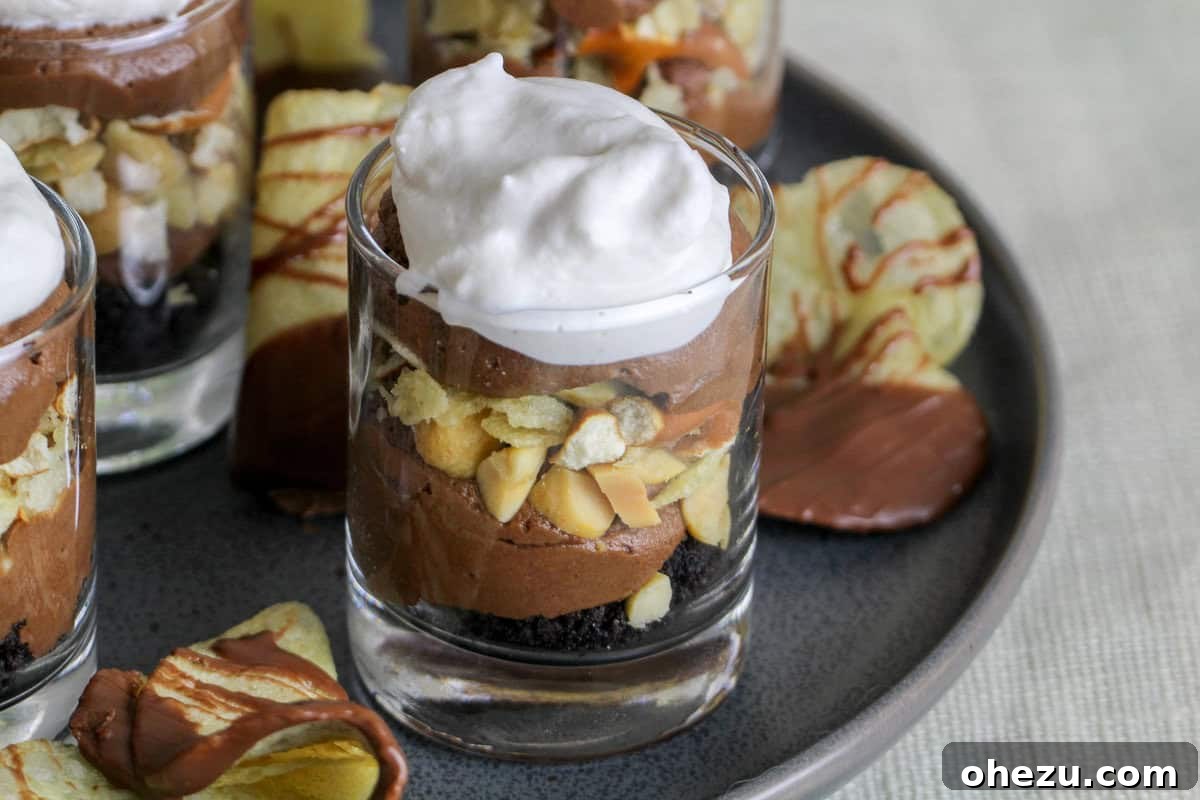 Sweet & Salty Chocolate French Silk Pie Shooters 4 Sweet & Salty Chocolate French Silk Pie Dessert Shooters arranged beautifully