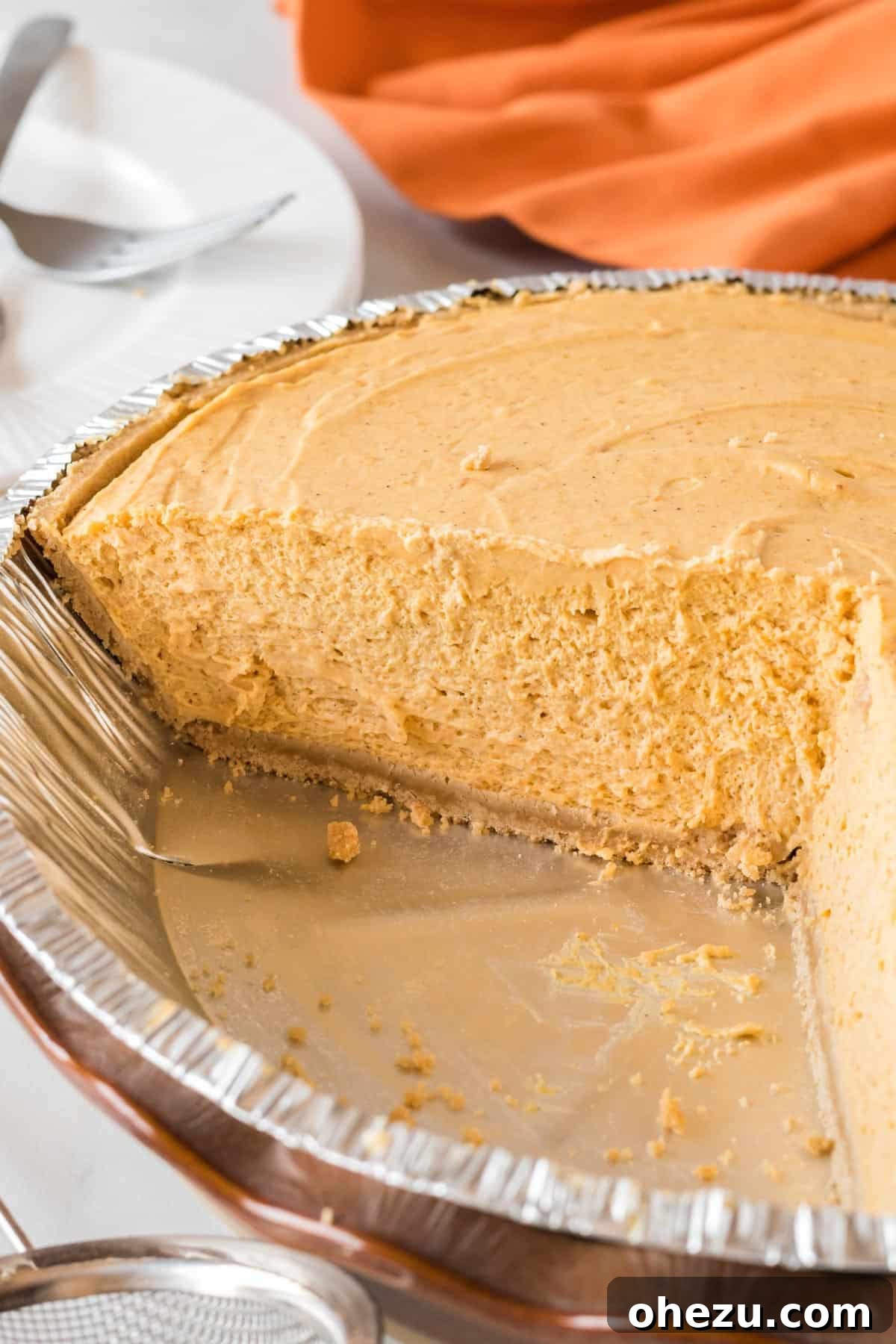 Velvet Pumpkin Pie 14 Close-up showing the creamy, airy texture of the whipped no-bake pumpkin pie filling.