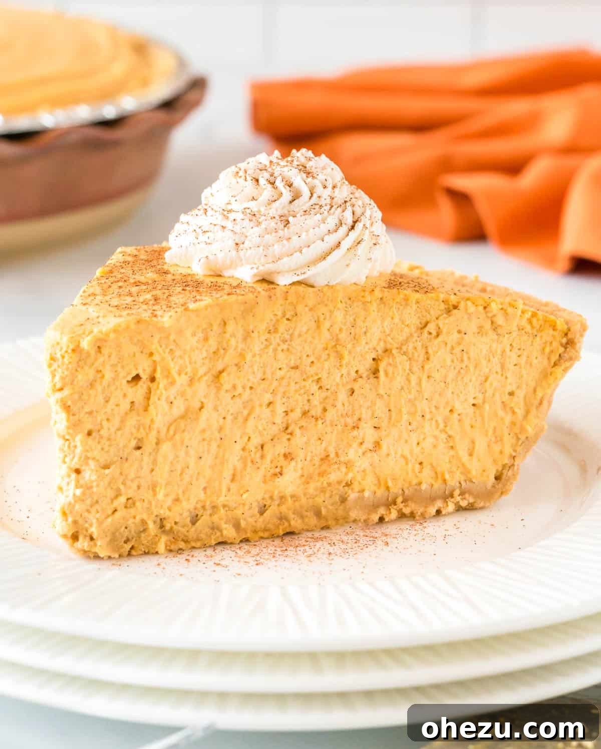 Velvet Pumpkin Pie 16 A beautifully presented slice of pumpkin cream pie, garnished with a dollop of whipped cream and a sprinkle of pumpkin pie spice.