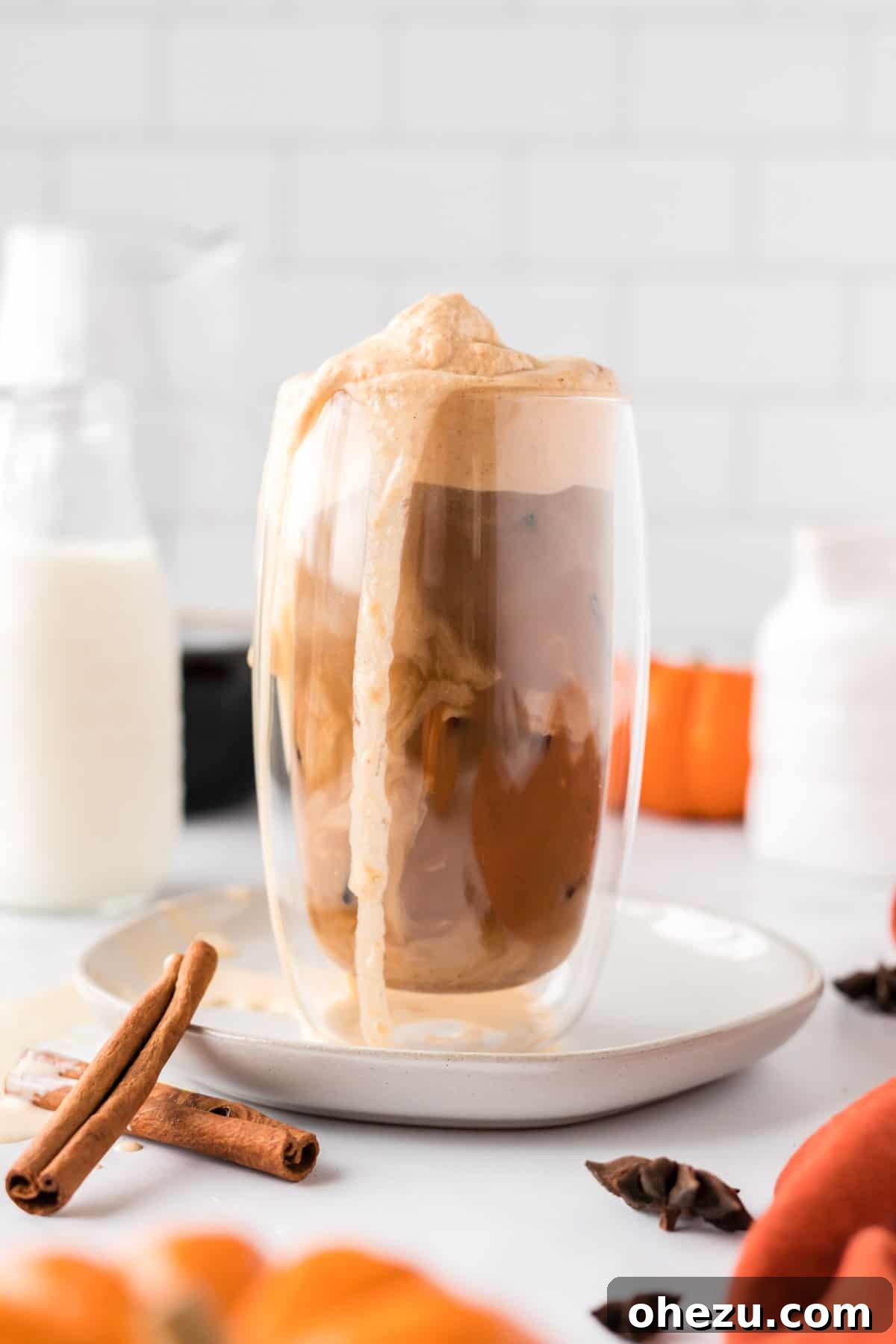 Spiced Pumpkin Cold Brew 11 A beautifully composed flat lay image of a glass of pumpkin cold brew coffee, garnished with a sprinkle of pumpkin pie spice, sitting on a rustic wooden surface next to autumn decor.