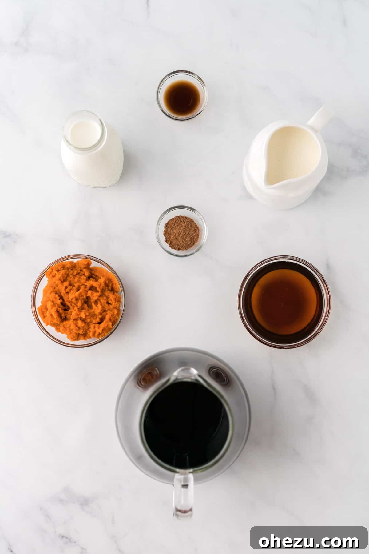 Spiced Pumpkin Cold Brew 3 Arrangement of fresh ingredients for pumpkin cold brew: heavy cream, whole milk, a can of pumpkin puree, maple syrup, a jar of pumpkin pie spice, and a bottle of vanilla extract, all ready to be mixed.