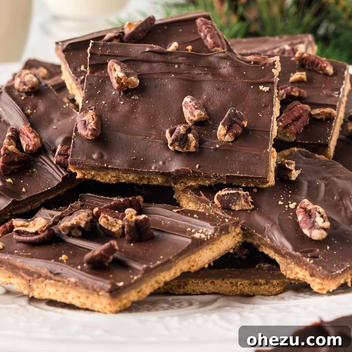 Several glistening pieces of graham cracker toffee artfully displayed on an elegant plate, thoughtfully garnished to enhance their inviting presentation.