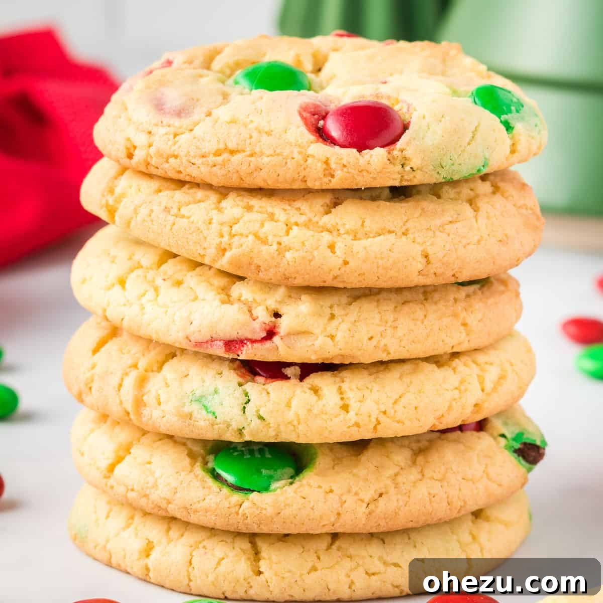 Holiday Cookie Magic from a Box 2 Stacked up festive Christmas cookies made from cake mix, ready for holiday celebrations.