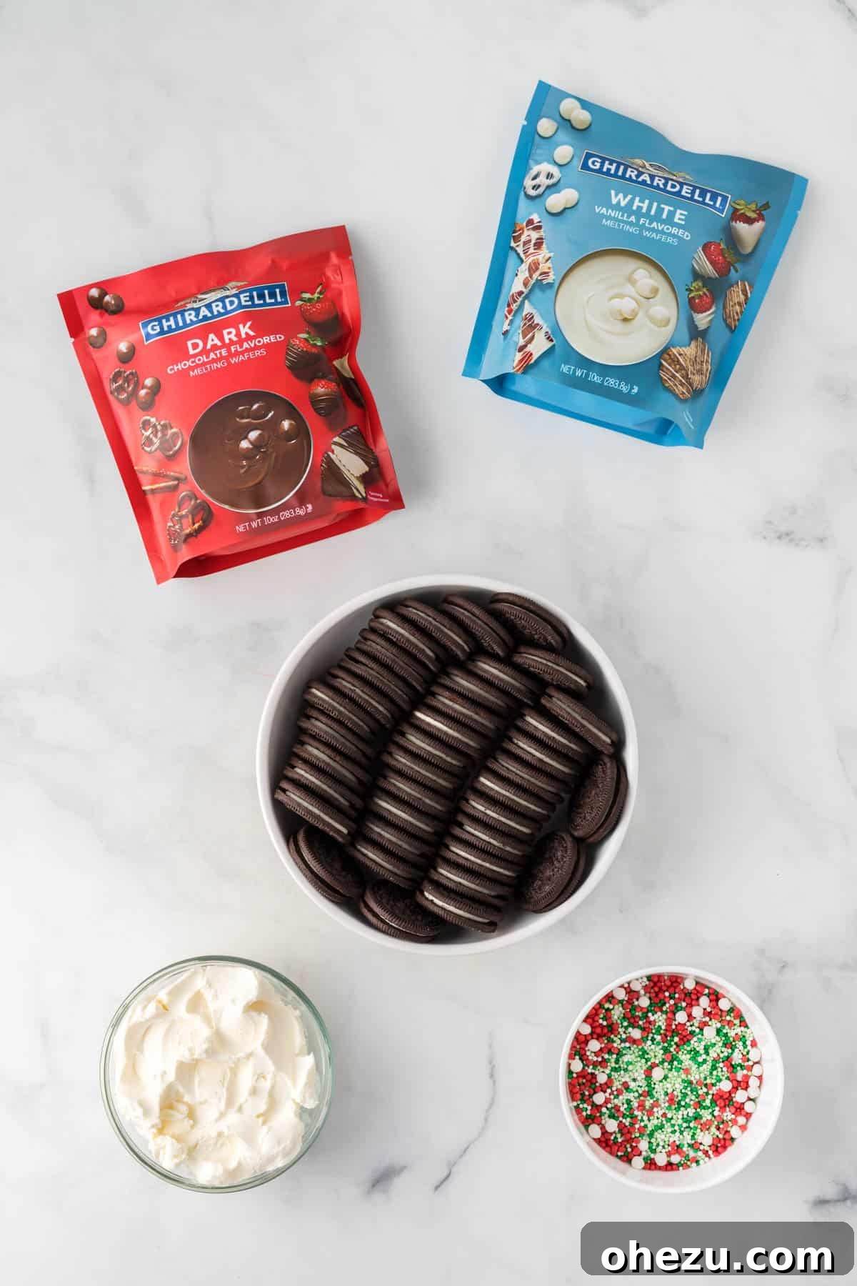Decadent Holiday Oreo Treats 4 All the ingredients neatly laid out for making Christmas Oreo balls