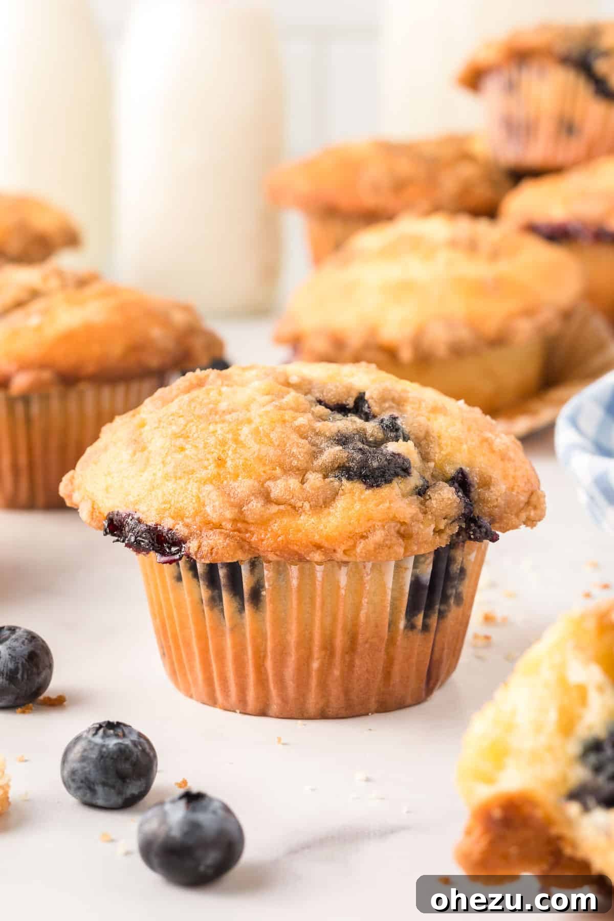 Delicious and fluffy cake mix blueberry muffin with streusel topping, ready to eat