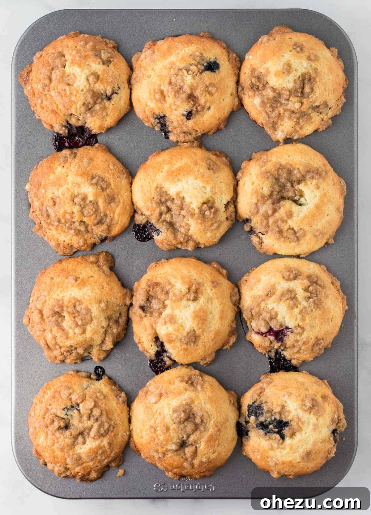 Freshly baked, golden-brown blueberry muffins with streusel topping cooling in the muffin tin