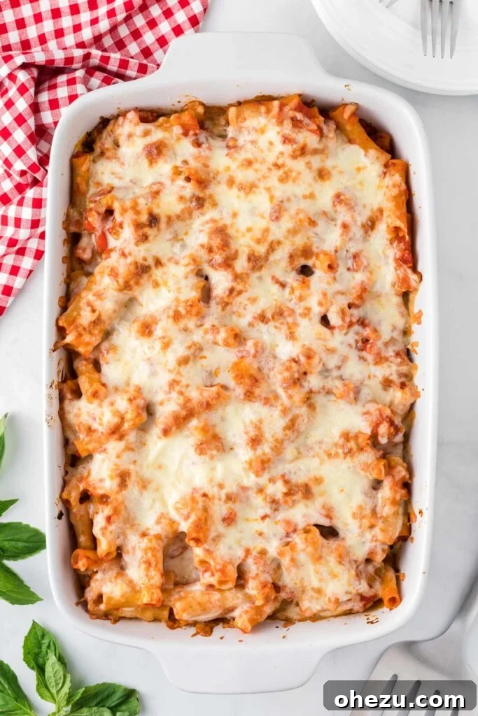 A freshly baked vegetarian ziti, golden and bubbly, straight from the oven, showcasing melted cheese and vibrant sauce.