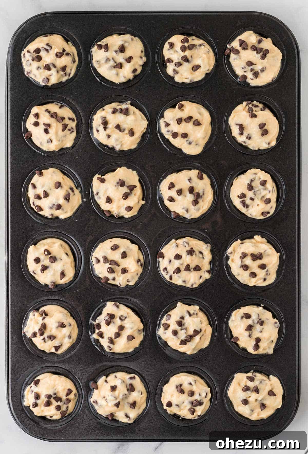 A mini muffin pan filled with perfectly scooped muffin batter, topped with extra chocolate chips.