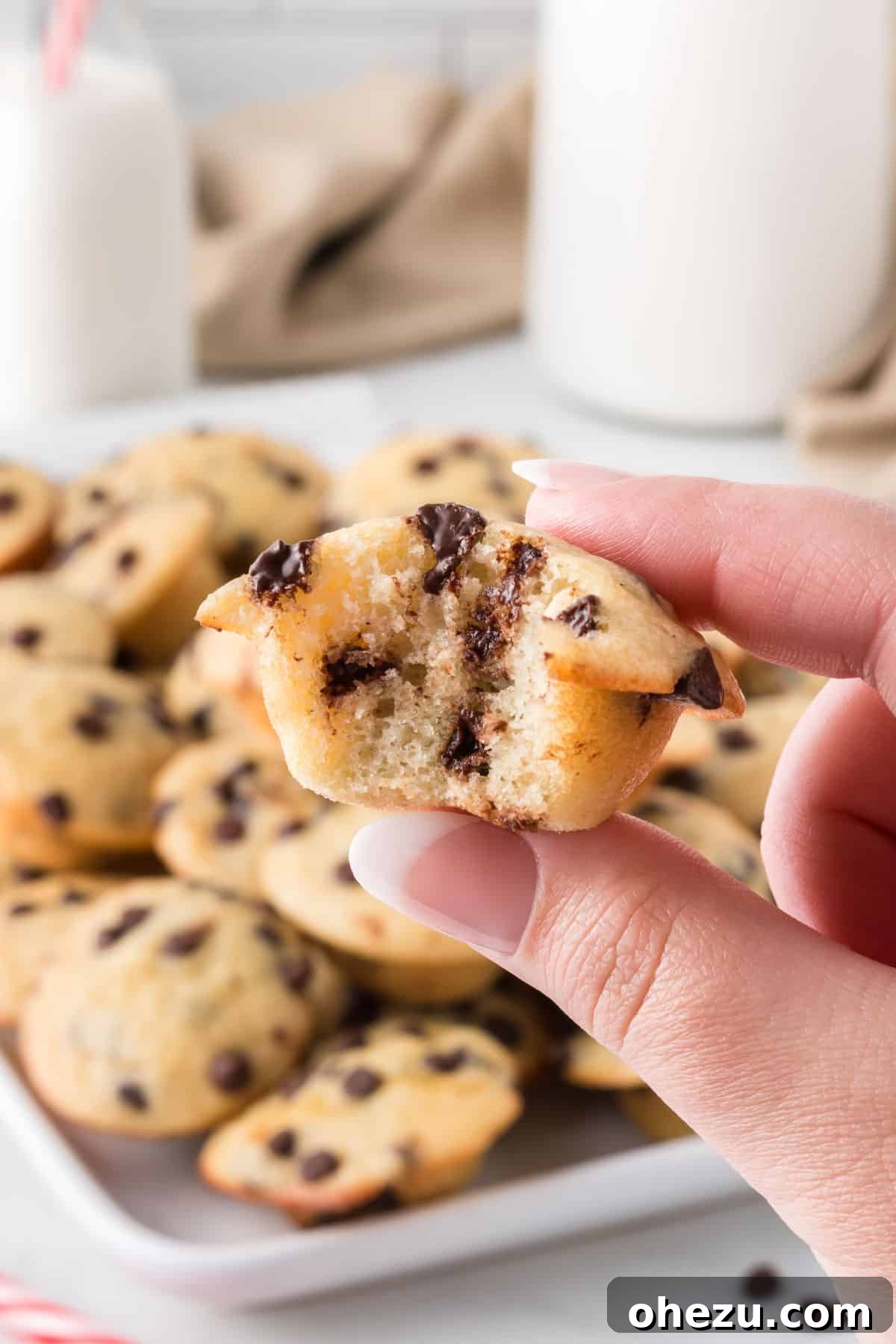 A hand holding a mini chocolate chip muffin with a bite taken out, revealing its soft interior.