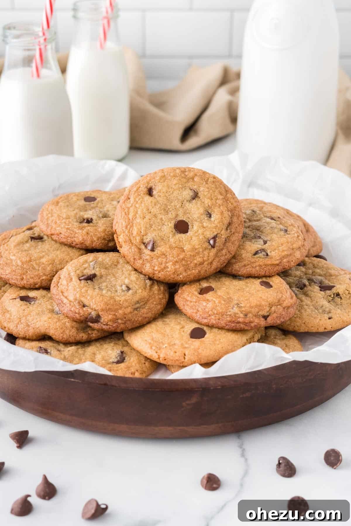 Decadent Dairy-Free Chocolate Chip Cookies 14 Beautifully arranged dairy-free chocolate chip cookies on a serving platter