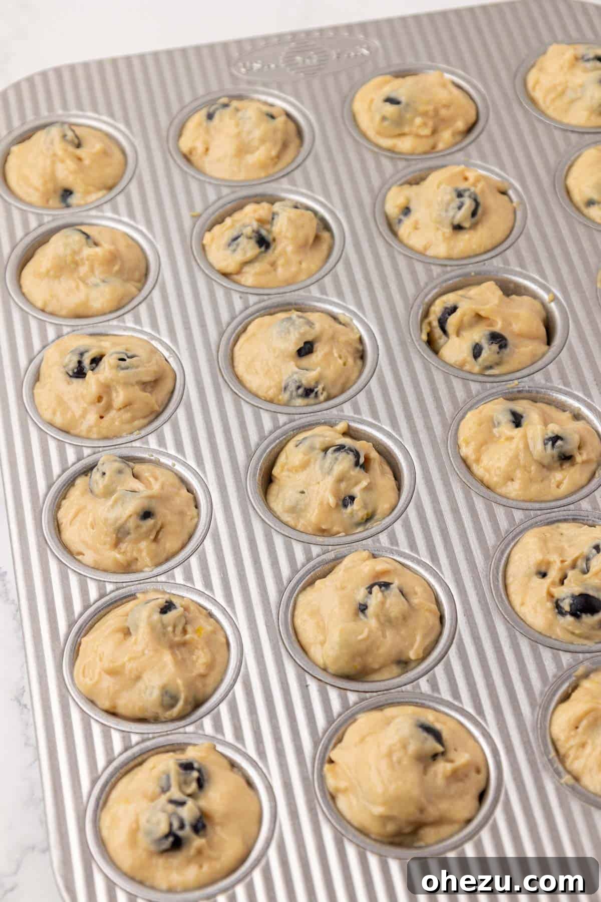 Blueberry Poppers 14 Mini muffin tin fully filled with blueberry batter, ready for baking.