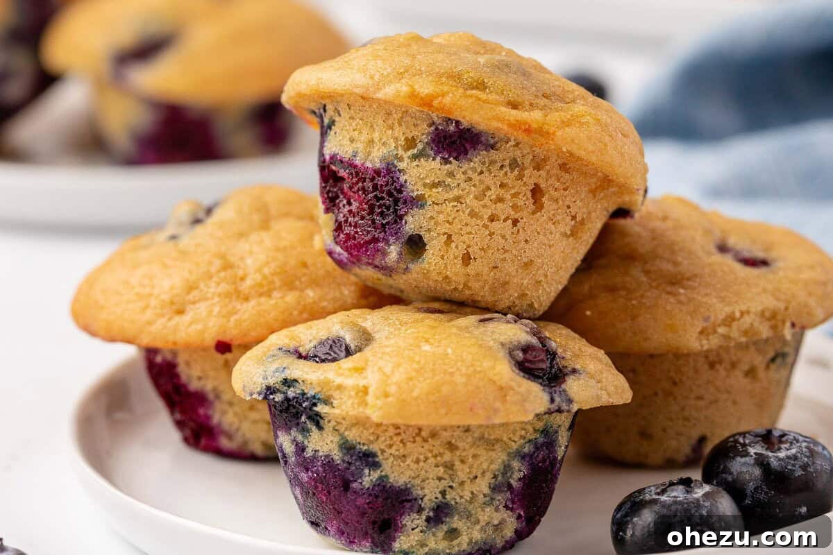 Blueberry Poppers 3 Close-up shot of several freshly baked blueberry mini muffins cooling on a rack, showcasing their golden tops and visible blueberries.