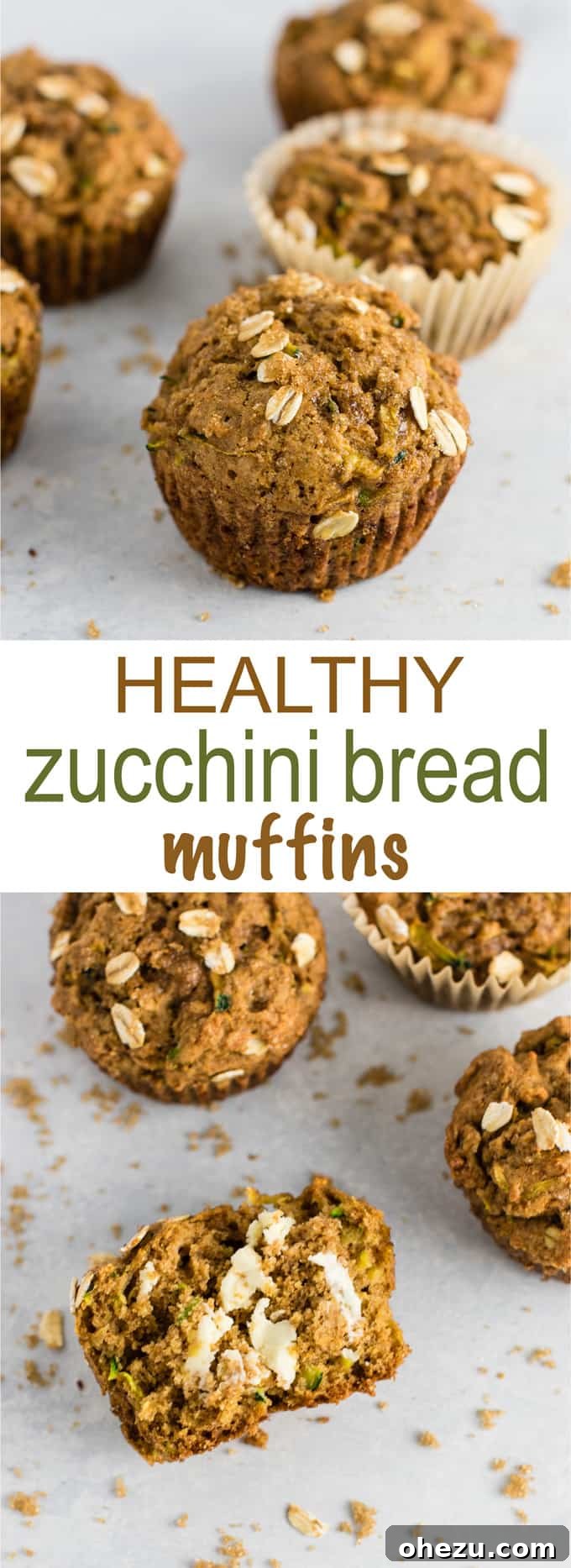 An overhead shot of healthy brown sugar zucchini bread muffins, garnished with oats.