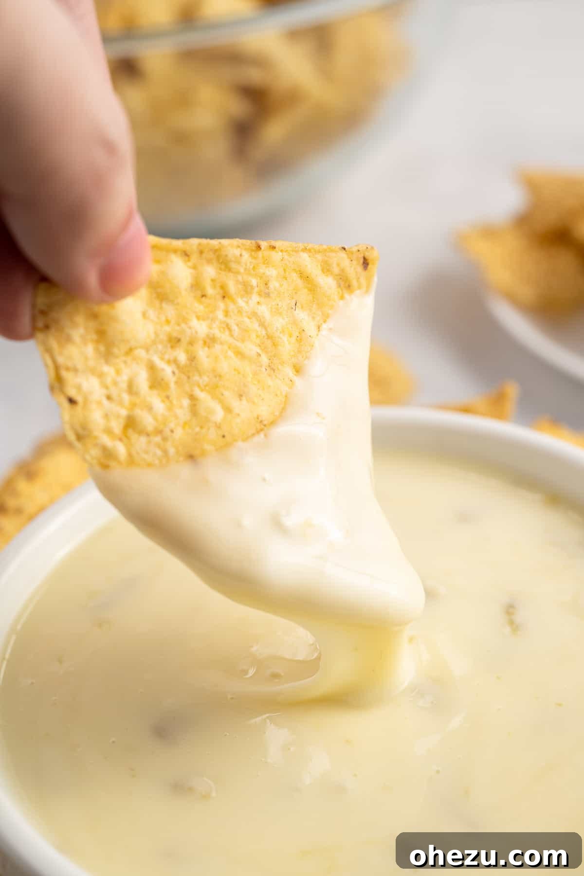 Fresh White Cheese 8 dipping a chip into queso blanco