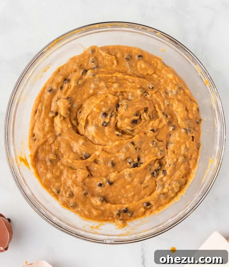 The pumpkin mini muffin batter, now speckled with an abundance of mini chocolate chips, looks perfectly mixed and ready for baking.
