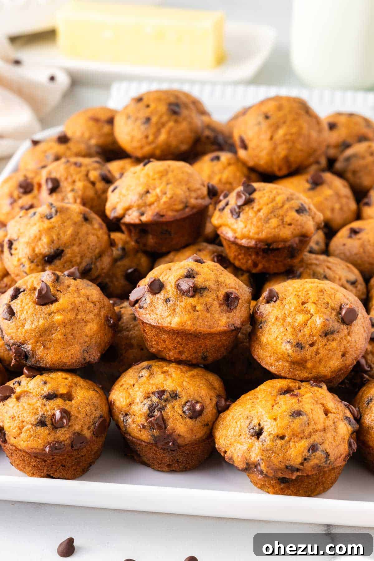A delicious close-up of pumpkin mini chocolate chip muffins stacked invitingly, highlighting their rich color and chocolatey goodness.