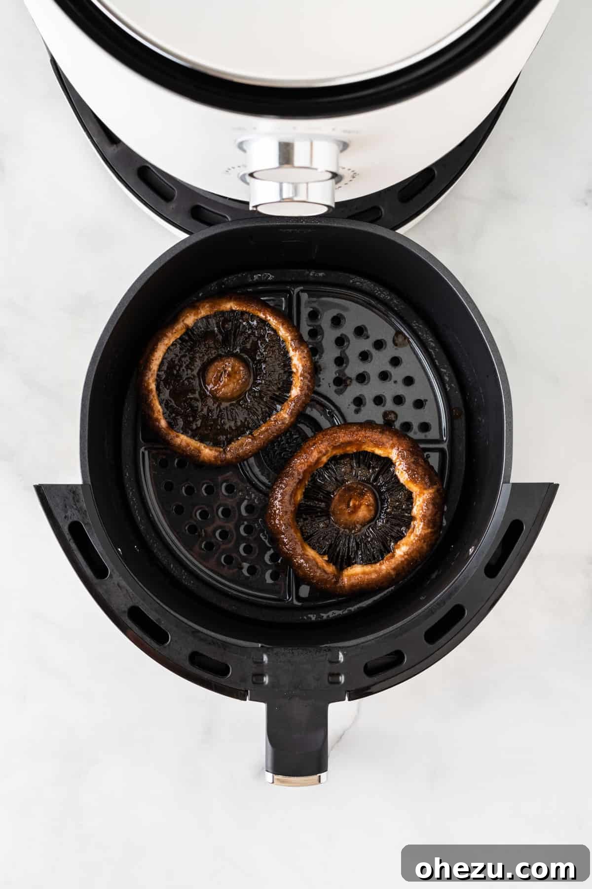 Perfect Air Fryer Portobello 7 air fried portobello mushrooms in the basket