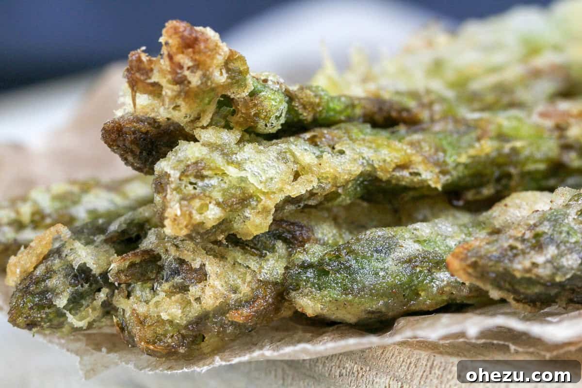 Burgerville-Inspired Crispy Asparagus Fries with Garlic Aioli 5 Detailed view of Crispy Fried Asparagus Tips