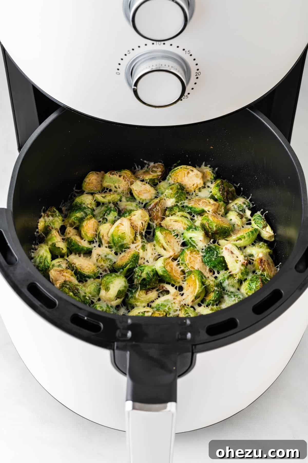 Perfectly Crispy Air Fryer Brussels Sprouts 2 Crispy Parmesan Brussels Sprouts fresh from the air fryer basket