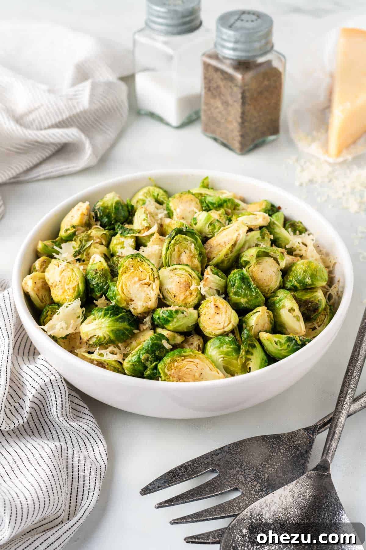 Perfectly Crispy Air Fryer Brussels Sprouts 10 Air fried Brussels sprouts served in an elegant white bowl