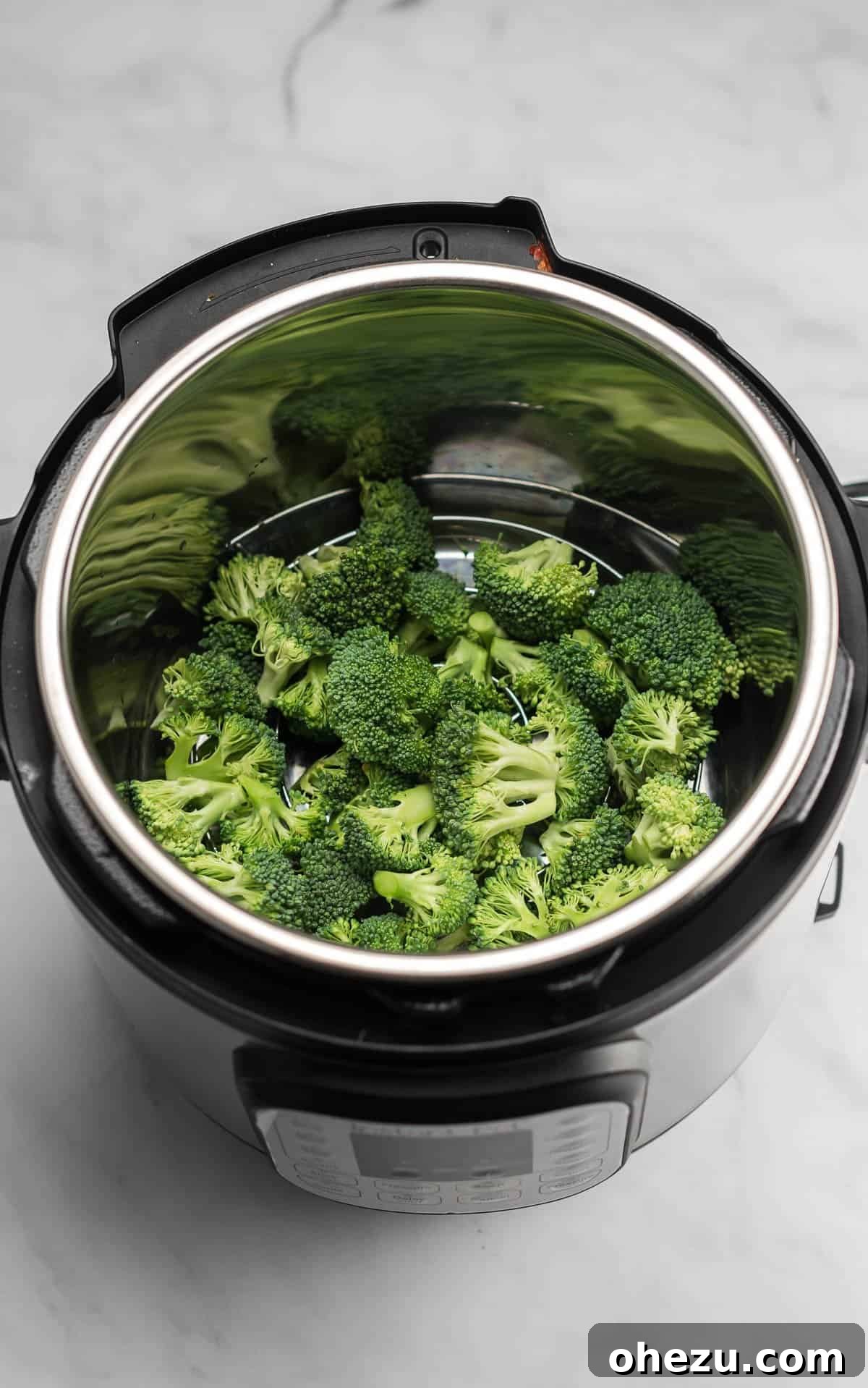 Effortless Instant Pot Broccoli 2 Fresh broccoli florets neatly arranged inside an Instant Pot, ready for steaming