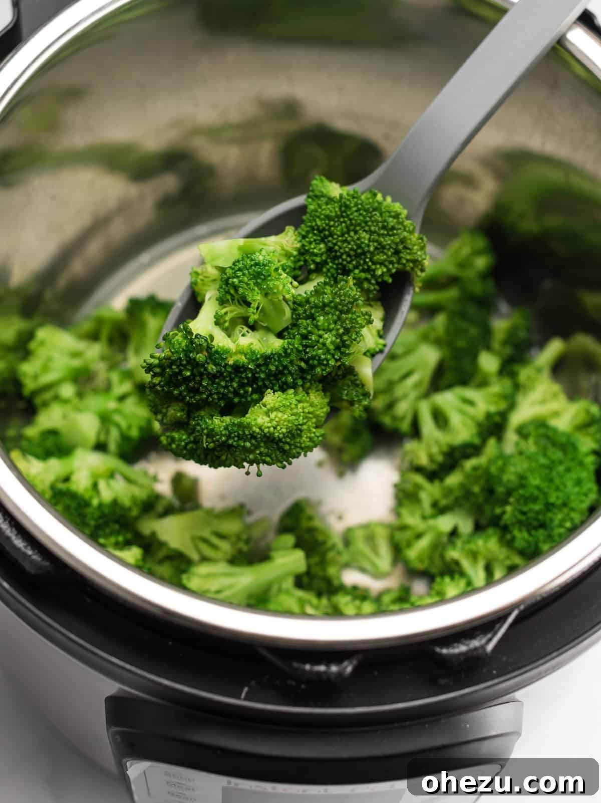Effortless Instant Pot Broccoli 5 A spoon scooping perfectly steamed broccoli florets from the Instant Pot