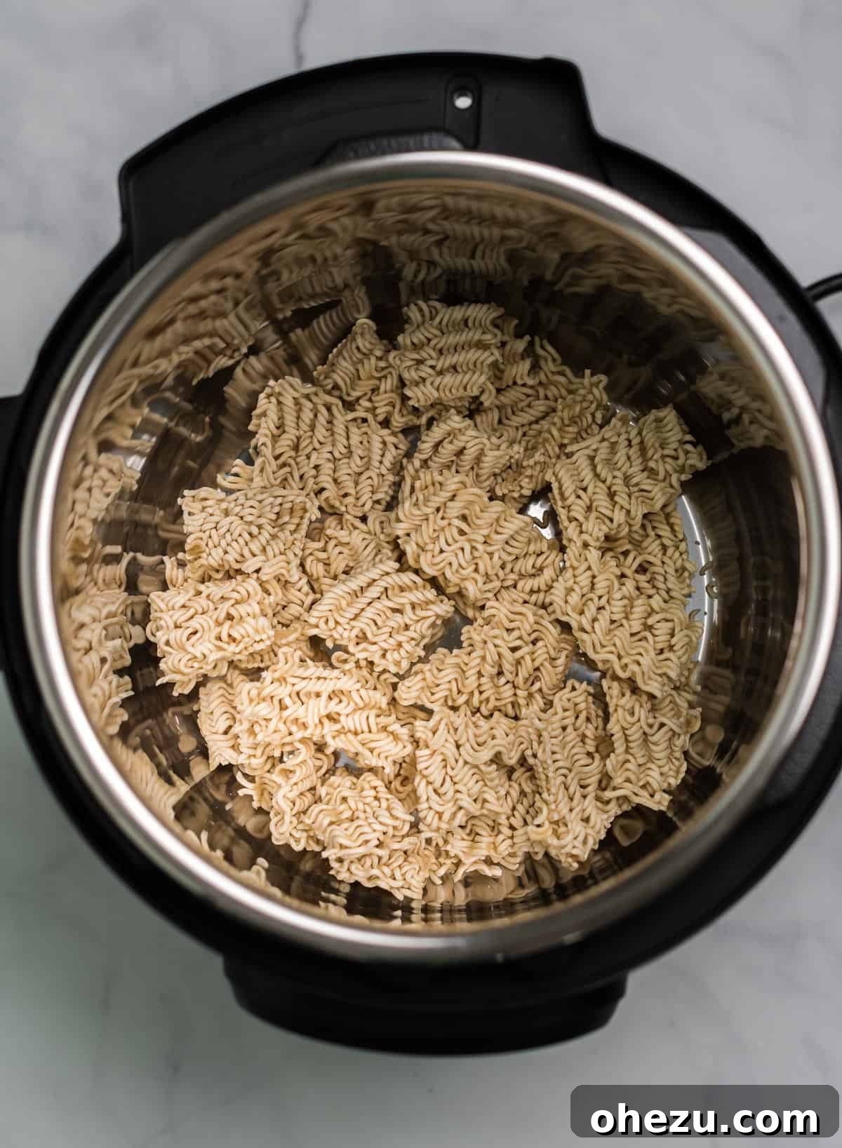 Broken ramen noodles spread evenly at the bottom of an Instant Pot insert